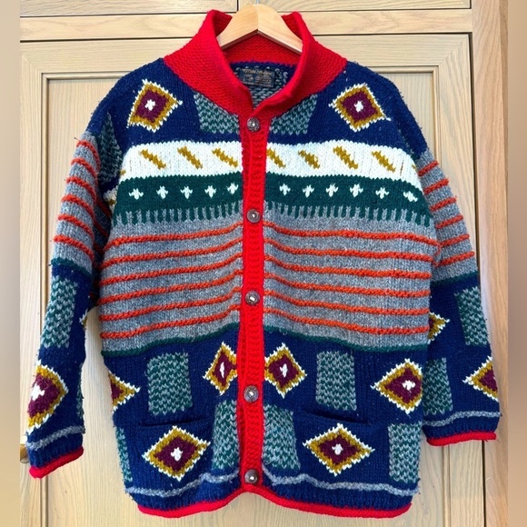 Vintage Ecuador Tejidos Hand Knit Chunky Heavy Wool Cardigan Hand Made - Picture 1 of 12